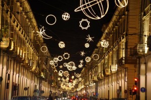 Christmas in Turin Luci d Artista lights hanging above the street Turismo Torino e Provincia