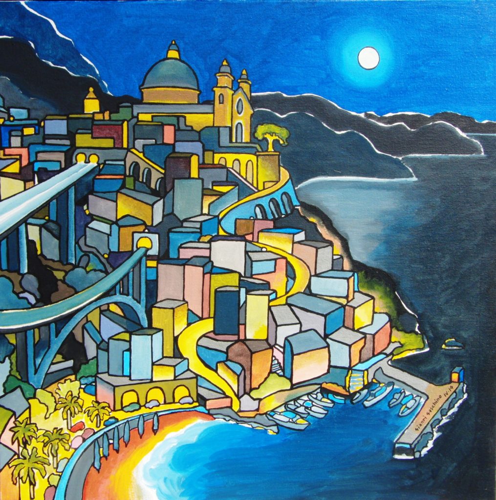 Il Bello della Riviera - the beauty of the Riviera at night with seascape and water in the moonlight by Piedmontese artist Gianni Gaschino