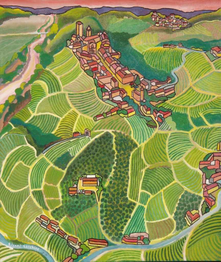 aerial view of Barbaresco and the vineyards by Piedmontese artist Gianni Gaschino