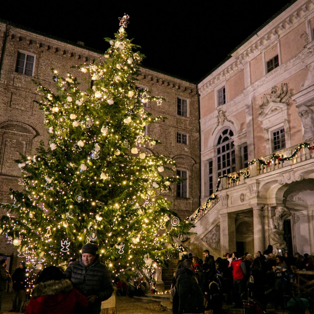 Christmas in Piedmont and the Govone Castle and Christmas Tree in front of the castle
